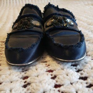 Navy Satin slides.  Brown's Wishbone collection